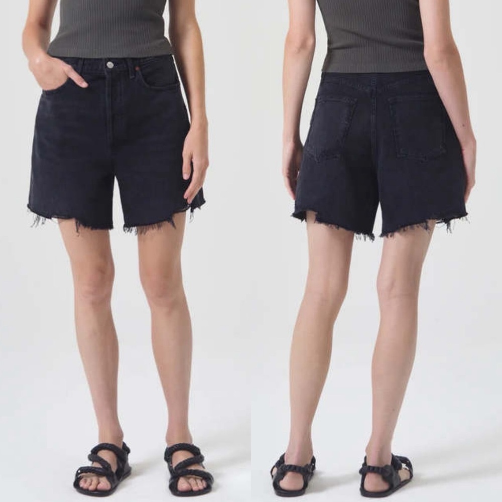 Agolde Black Frayed Hem High-Rise Denim Shorts